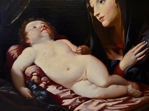 Tableaux et dessins Tableaux XVIIe siècle - Madonne en Adoration de l'Enfant endormi - École bolognaise du XVIIe siècle